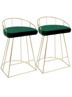 Set Of 2 Canary Contemporary Glam Counter Height Barstool Gold/green Velvet - Lumisource