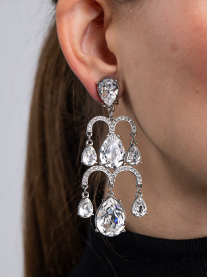 Silver And Crystal 2 Tier Chandelier Drop Clip Earrings