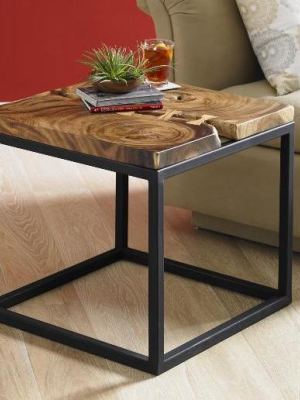 Martin Side Table, Chamcha Wood, Black Metal Base