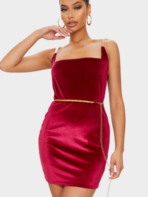 Burgundy Velvet Square Neck Clear Strap Bodycon...