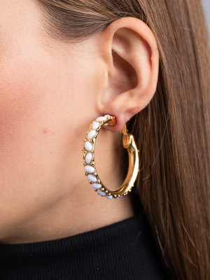 Gold And White Cabochon Hoop Clip Earrings