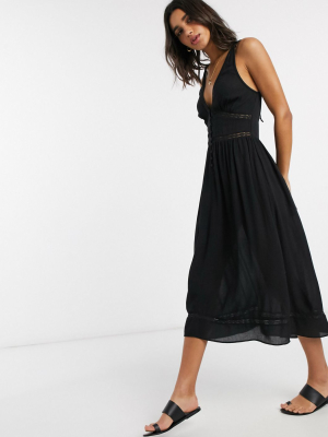 Asos Design Tiered Midi Sundress With Lace Inserts In Black