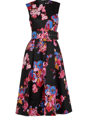 Msgm Floral Printed Belted Midi Dress