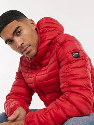 Pull&bear Lightweight Padded Jacket In Red With Hood