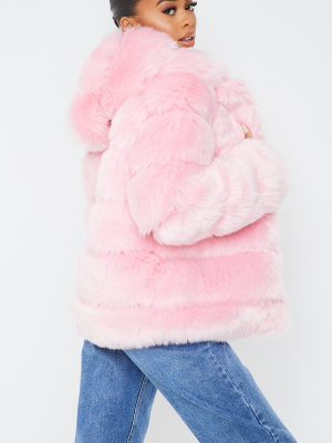 Pink Premium Hooded Faux Fur Bubble Coat