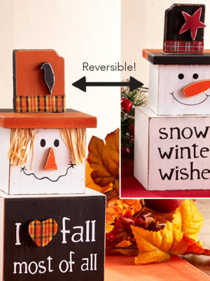 Lakeside Reversible Side Snowman Stacking Box Decoration With Winter And Fall Displays