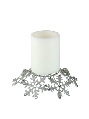 Melrose 9" Snowflake Glittered And Jeweled Christmas Pillar Candle Holder - Silver