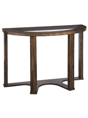 Moon Shaped Wooden Sofa Table With Glass Inlays Brown - Benzara