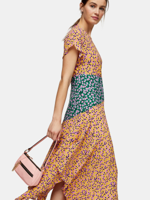 Mixed Floral Print Hanky Hem Midi Dress