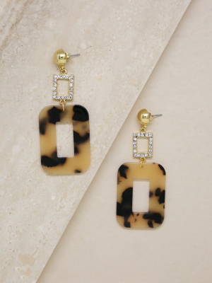 Tortoise Resin & Crystal Rectangle 18k Gold Plated Earrings