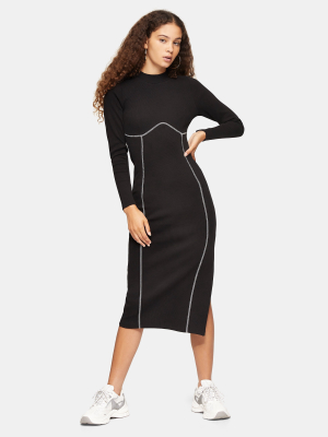 Black Ribbed Long Sleeve Flatlock Jersey Midi Dress