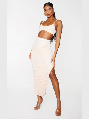 Nude Mesh Layered Ruched Detail Split Leg...