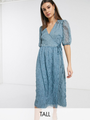 Glamorous Tall Midaxi Wrap Dress With Volume Sleeves In Texture