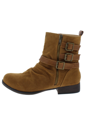 Monique038 Tan Suede Ruched Multi Buckle Boot