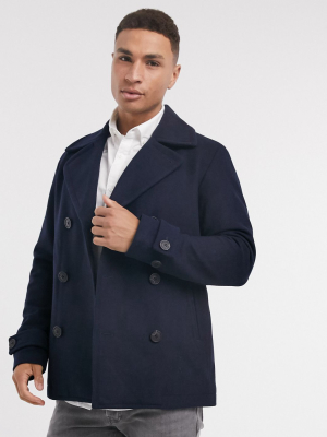 Selected Homme Double Breasted Wool Peacoat In Navy