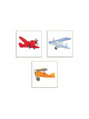 3pc 12"x0.5"x12" Triple Colorful Airplanes Drawing Wall Plaque Art Set - Stupell Industries