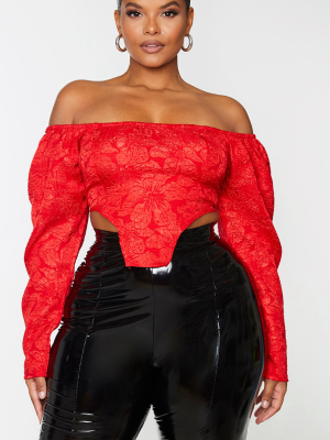 Plus Red Textured Floral Bardot Crop Top