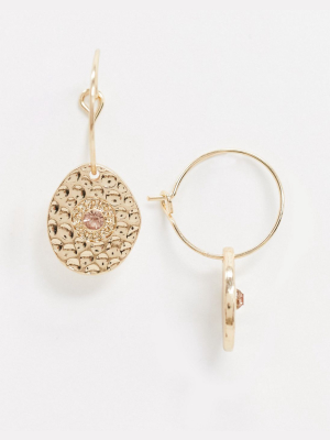 Asos Design Hoop Earrings With Textured Crystal Coin Charm In Gold Tone