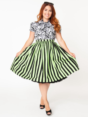 Magnolia Place Plus Size Neon Green & Black Striped Gathered Cotton Swing Skirt