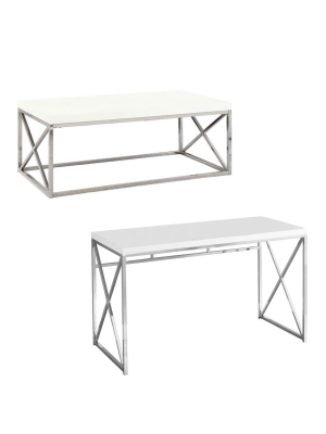 Monarch White Chrome Metal Contemporary Design Living Room Coffee Table & Desk