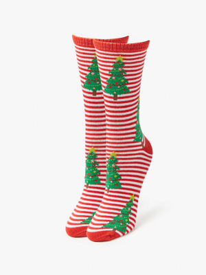 Striped Christmas Tree Crew Socks