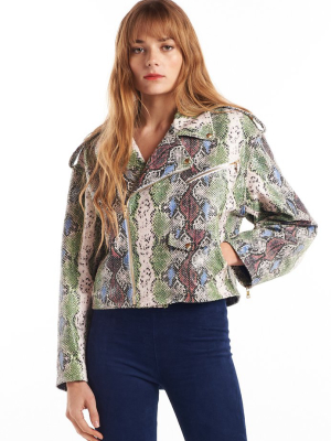 Snake Print Moto Leather Jacket