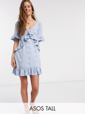 Asos Design Tall Exclusive Broderie V Frill Front Smock Mini Dress In Blue