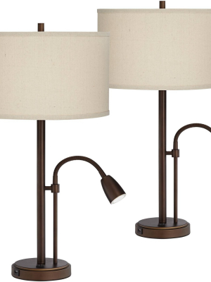 Possini Euro Design Modern Table Lamps Set Of 2 With Hotel Style Usb Charging Port Gooseneck Led Bronze Oatmeal Shade For Living Room