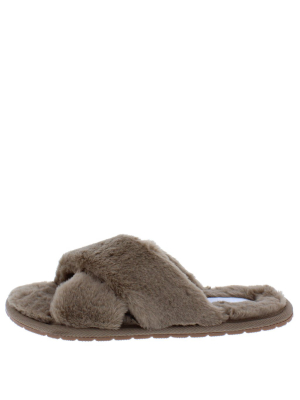 Natalie263 Taupe Faux Fur Cross Strap Slide Sandal