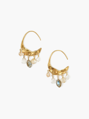 Petite Crescent White Pearl And Citrine Mix Gold Hoop Earrings