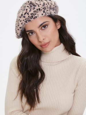 Fuzzy Knit Leopard Print Beret