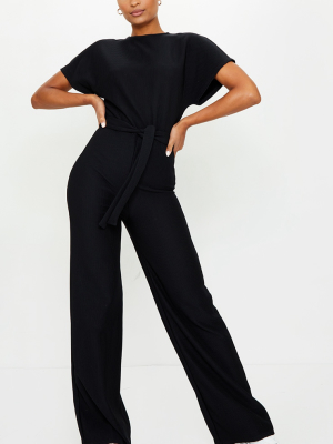 Black Thick Rib Tie Waist Wide Leg Jumpsuit