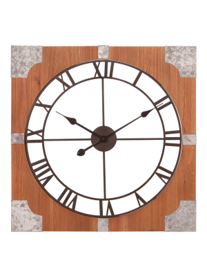 24" Square Rustic And Galvanized Cut Out Roman Numerical Wall Clock Wood/metal - Patton Wall Decor