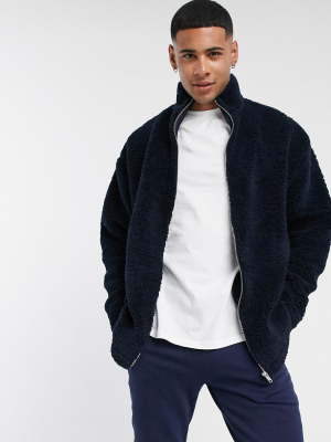 Asos Design Oversized Track Top In Navy Teddy Borg