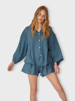 Stonewashed Linen Pajama Set With Shorts – Steel Blue