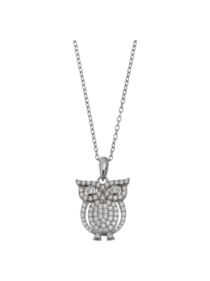 Women's Owl Pendant With Pave Cubic Zirconia In Sterling Silver - Silver/clear (18")