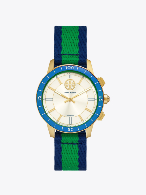 Collins Hybrid Smartwatch, Grosgrain/ivory/blue/gold-tone, 38 Mm X 45 Mm