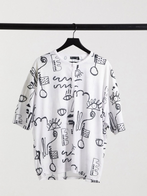 Asos Design Oversized T-shirt With All Over Doodle Print