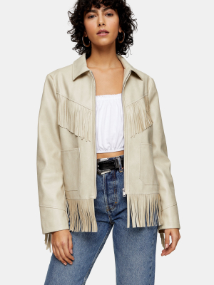 Petite Ecru Faux Leather Fringe Jacket