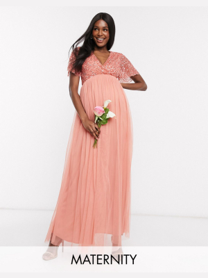 Maya Maternity Bridesmaid Wrap Front Delicate Sequin Maxi Dress With Tulle Skirt In Coral