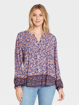 Women's Floral Print Long Sleeve Pintuck Blouse - Knox Rose™