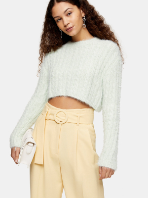 Sage Green Fluffy Cable Crop Knitted Sweater