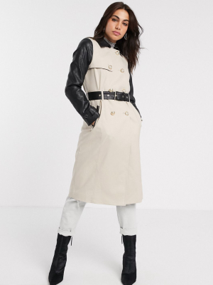 River Island Trench Coat With Faux Leather Sleeves In Beige