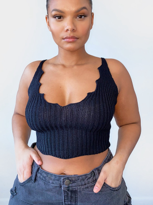 Plus Black Knit Strappy Scallop Edge Crop Top