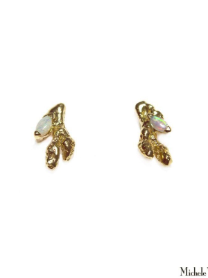 Opal Adorned Coral Branch Gold Stud Earrings