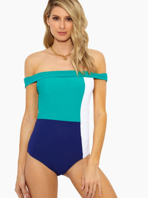 The Gia Color Block Off Shoulder One Piece Swimsuit - Navy Blue/white/sea Green