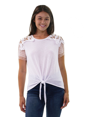 Ny Collection Short Point De Sprit Sleeve Top With Crochet Detail And Knotted Hem - Petite