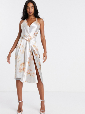 Asos Design Minimal Drape Satin Midi Dress In Occasion Floral Print