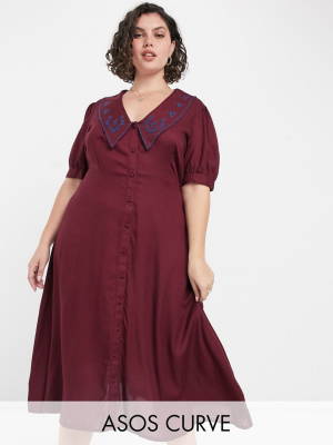 Asos Design Curve Button Through Midi Tea Dress With Embroidered Peter Pan Collar In Rust