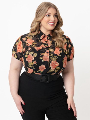 Unique Vintage Plus Size Black & Pink Floral Laurie Top